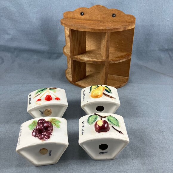 Antique Curved Spice Rack Made in Japan Ceramic & Wood Wall Mounted Compartment - Picture 5 of 5